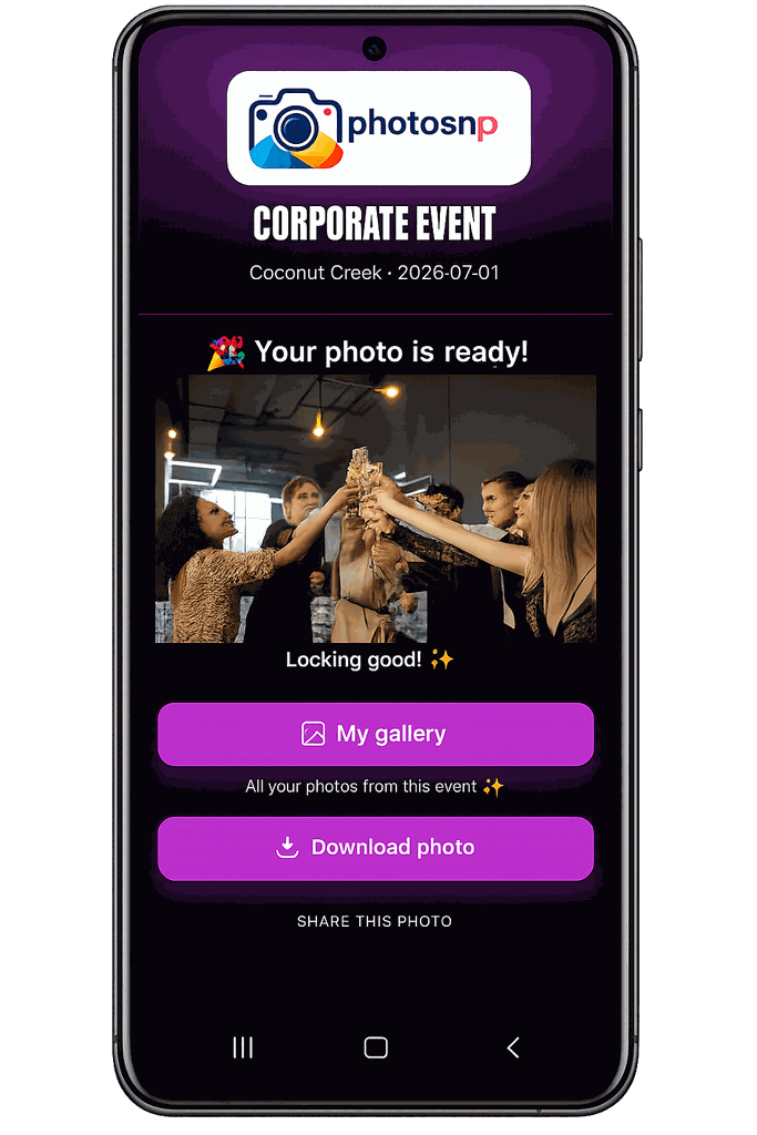 The photosnp guest page — a photo on the guest's phone seconds after the shot