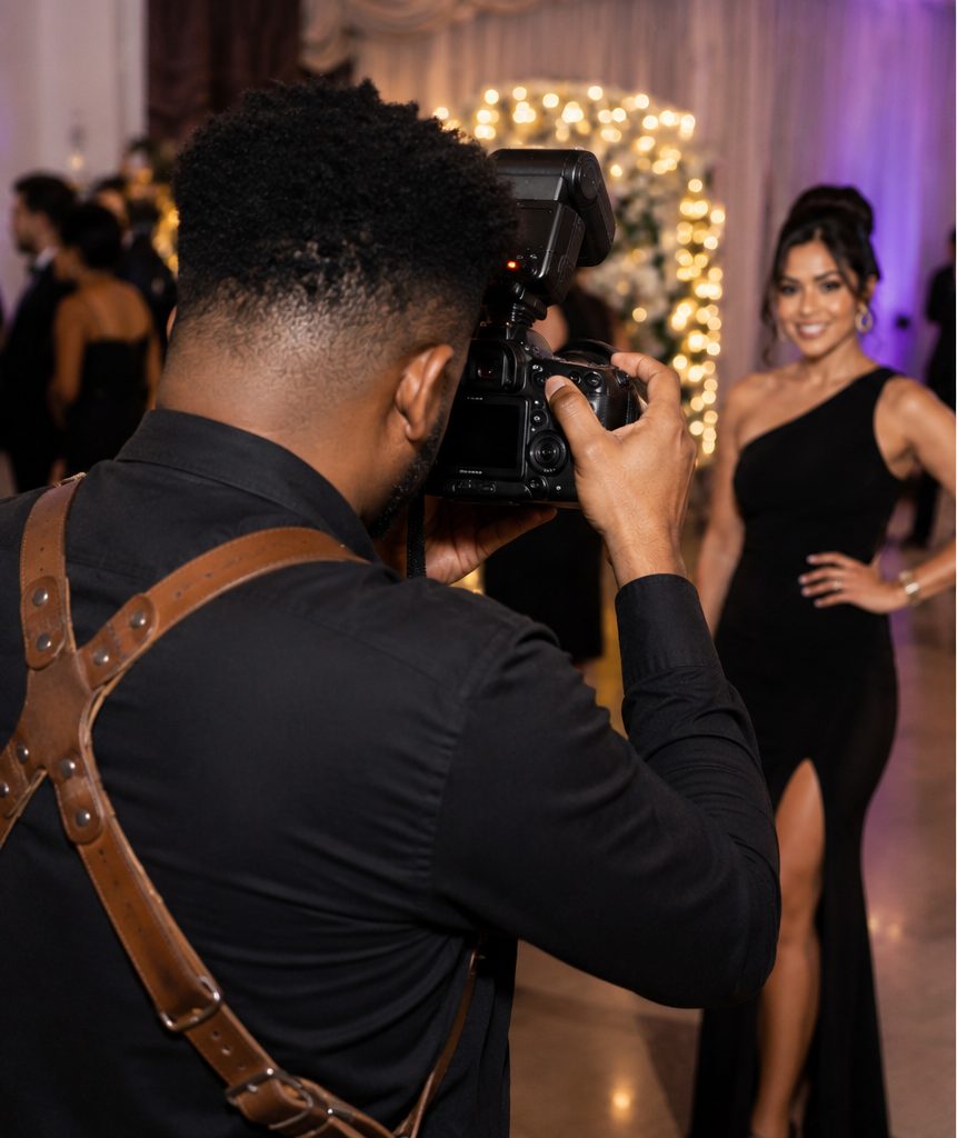 Event photographer shooting a guest — her photo is on her phone before she walks away